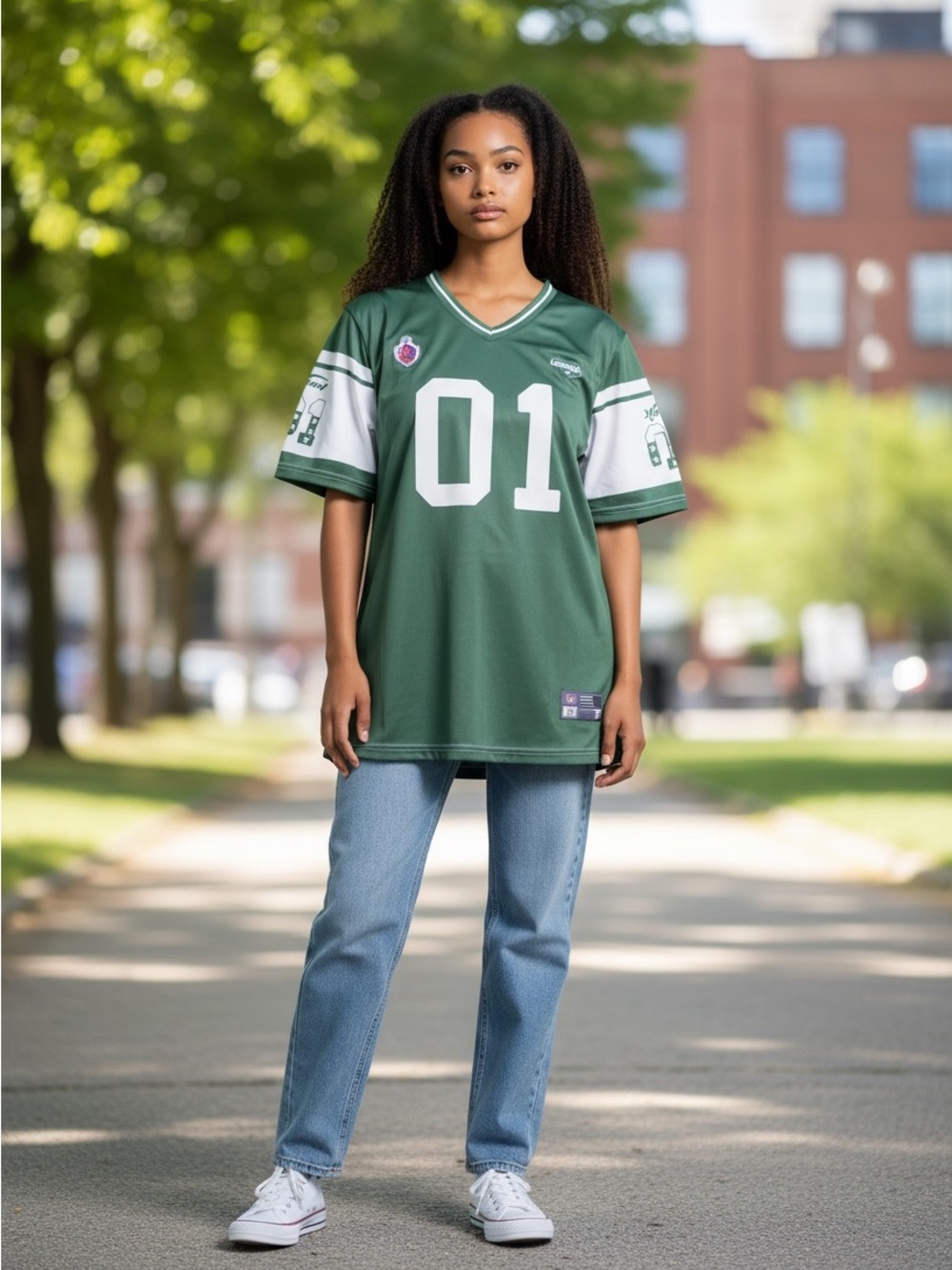 SHEIN Green and White Football Jersey Top